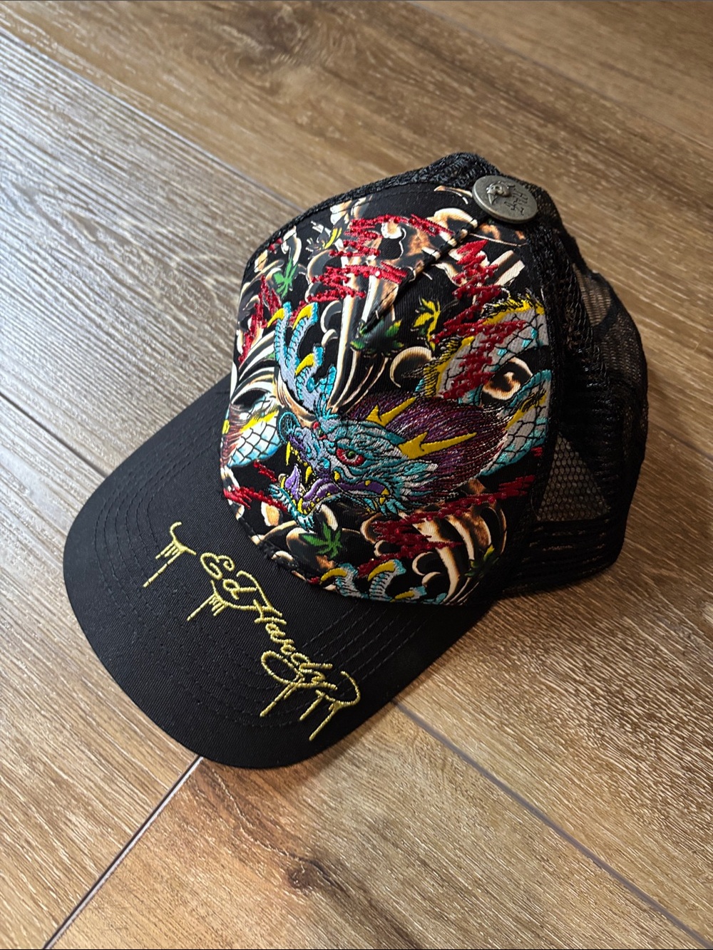 Ed Hardy Black Trucker Cap with Multicolor Dragon Embroidery